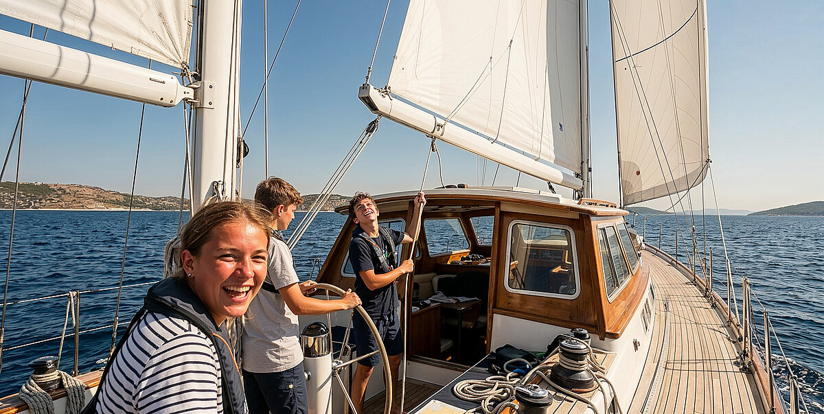 Drei Teenager lernen auf einer Segelyacht in fröhlicher Atmosphäre die Grundkenntnisse des Segeln. Einer der Jugendlichen lacht in die Kamera.