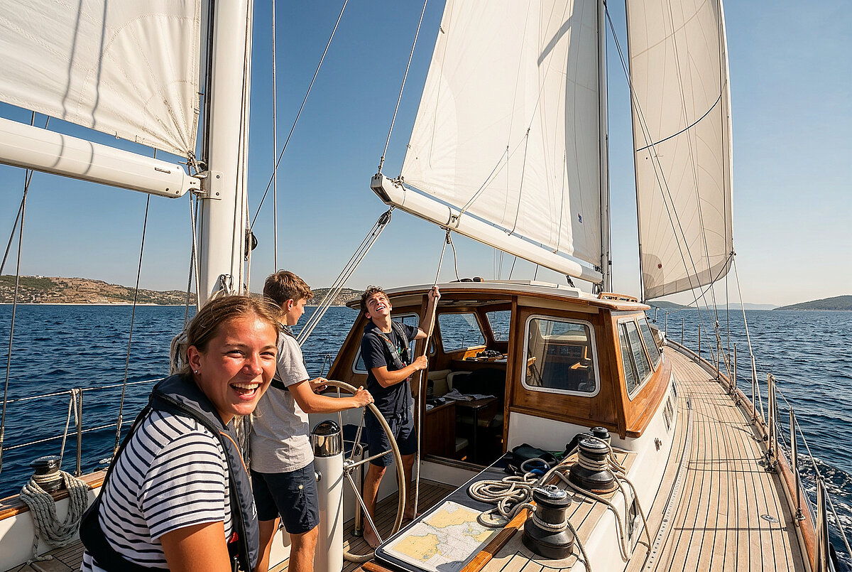 Drei Teenager lernen auf einer Segelyacht in fröhlicher Atmosphäre die Grundkenntnisse des Segeln. Einer der Jugendlichen lacht in die Kamera.